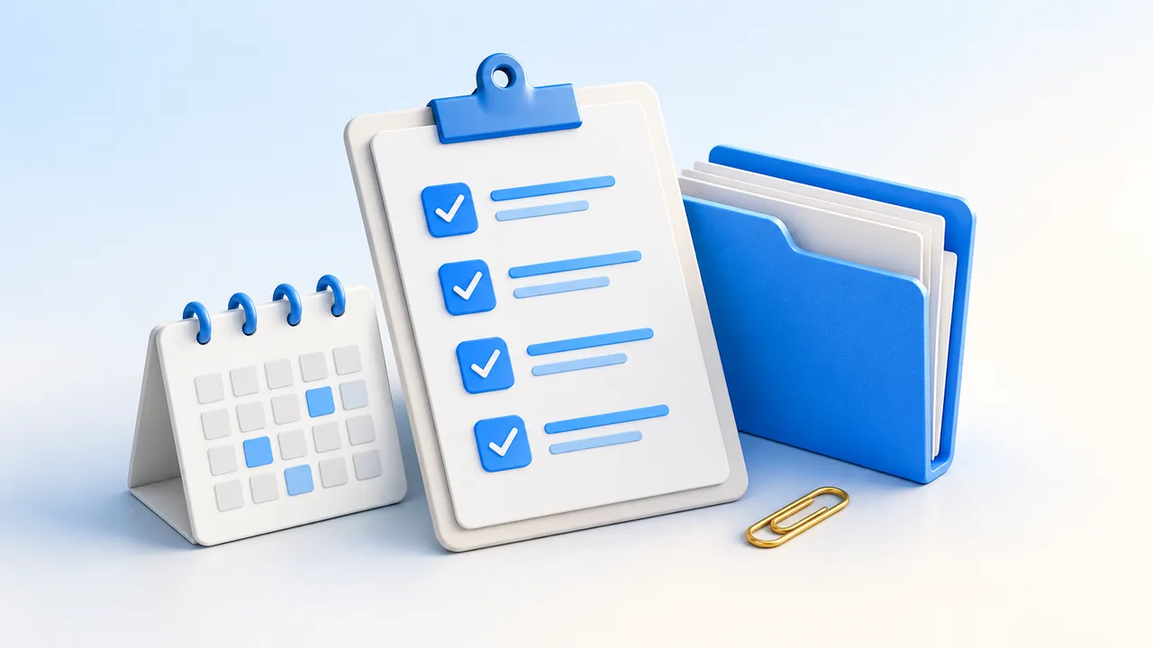 A checklist, calendar and folder illustrating company administration after registration.