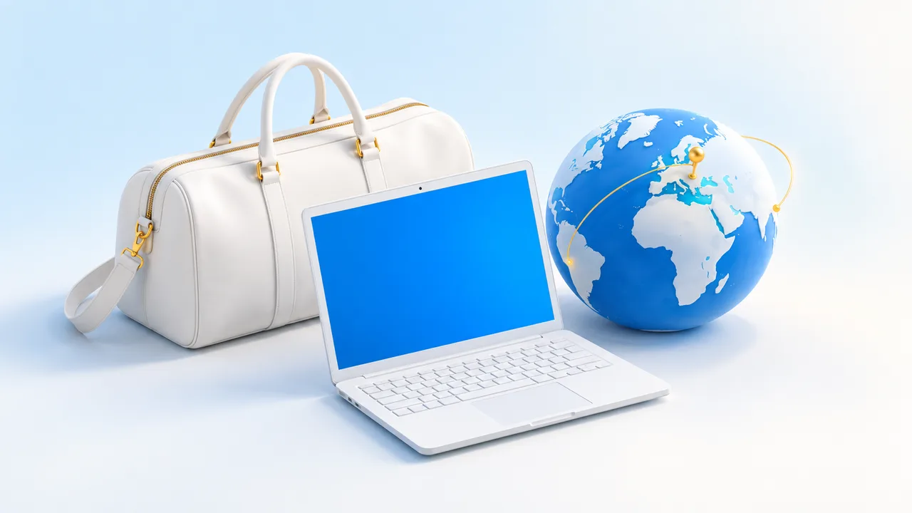 A laptop, travel bag and globe illustrating remote business administration.