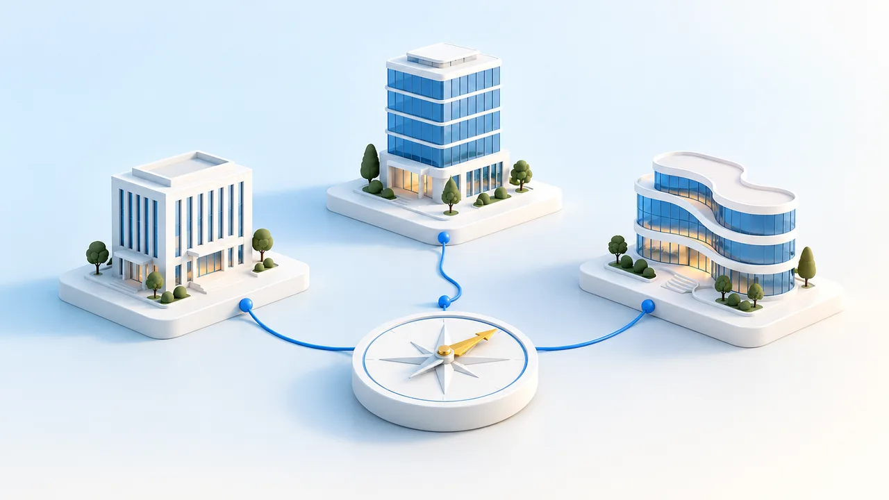 Several company buildings and a compass illustrating a choice of jurisdictions.