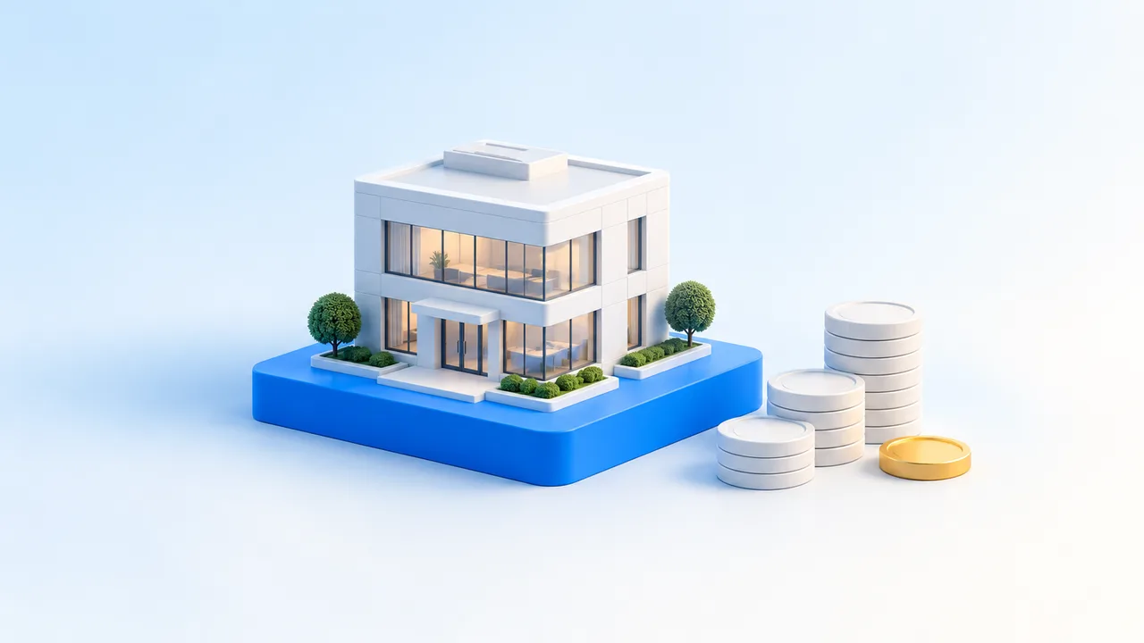 A company building and a small token stack illustrating share capital and business funding.