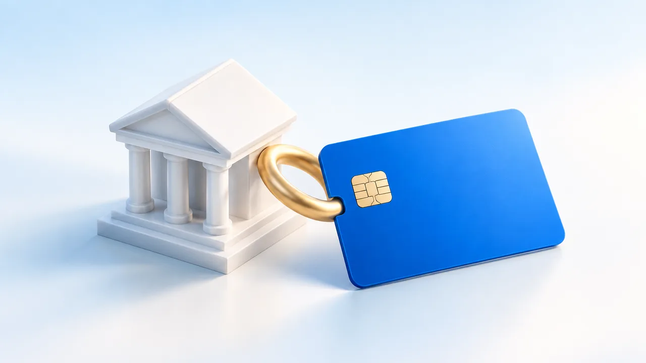 An unbranded payment card and bank building illustrating business account options.