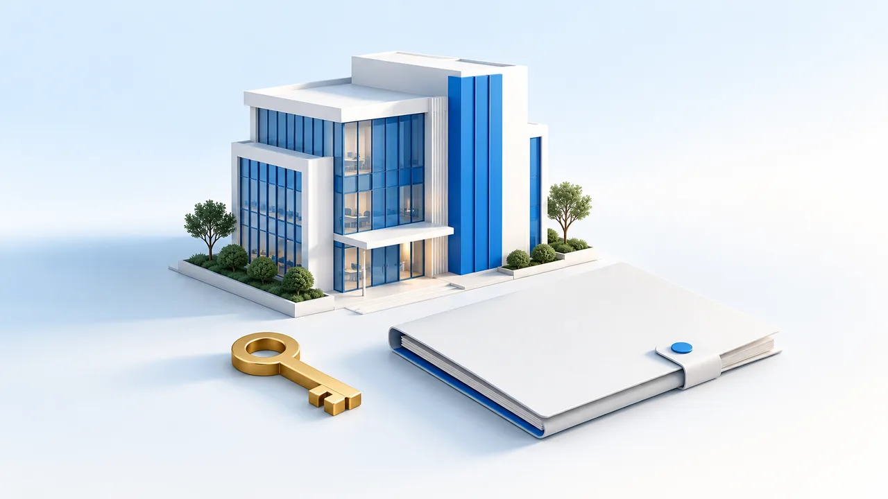 A white and blue office building, company folder and key illustrating company formation.