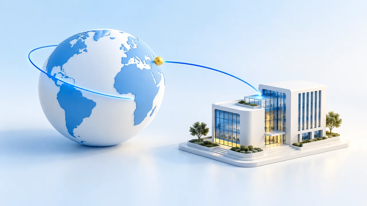 A globe connected to a company building, illustrating international founders.