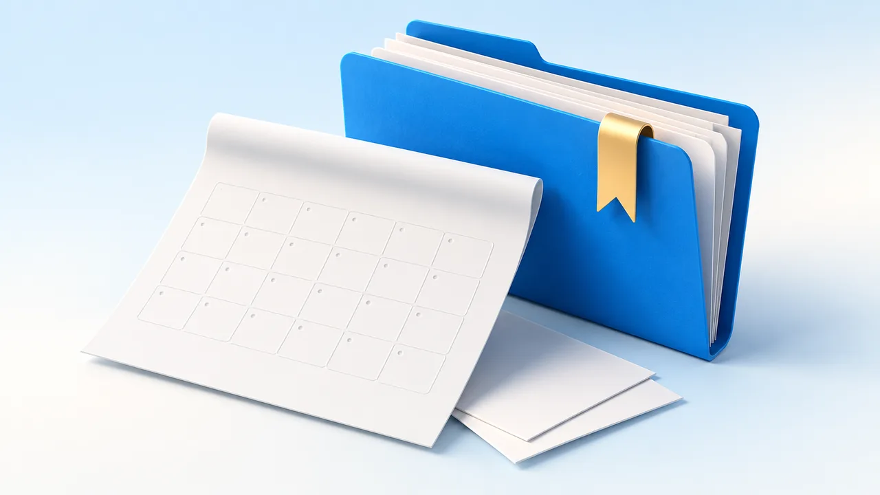 A blank calendar and a blue archive folder illustrating a dated policy review.