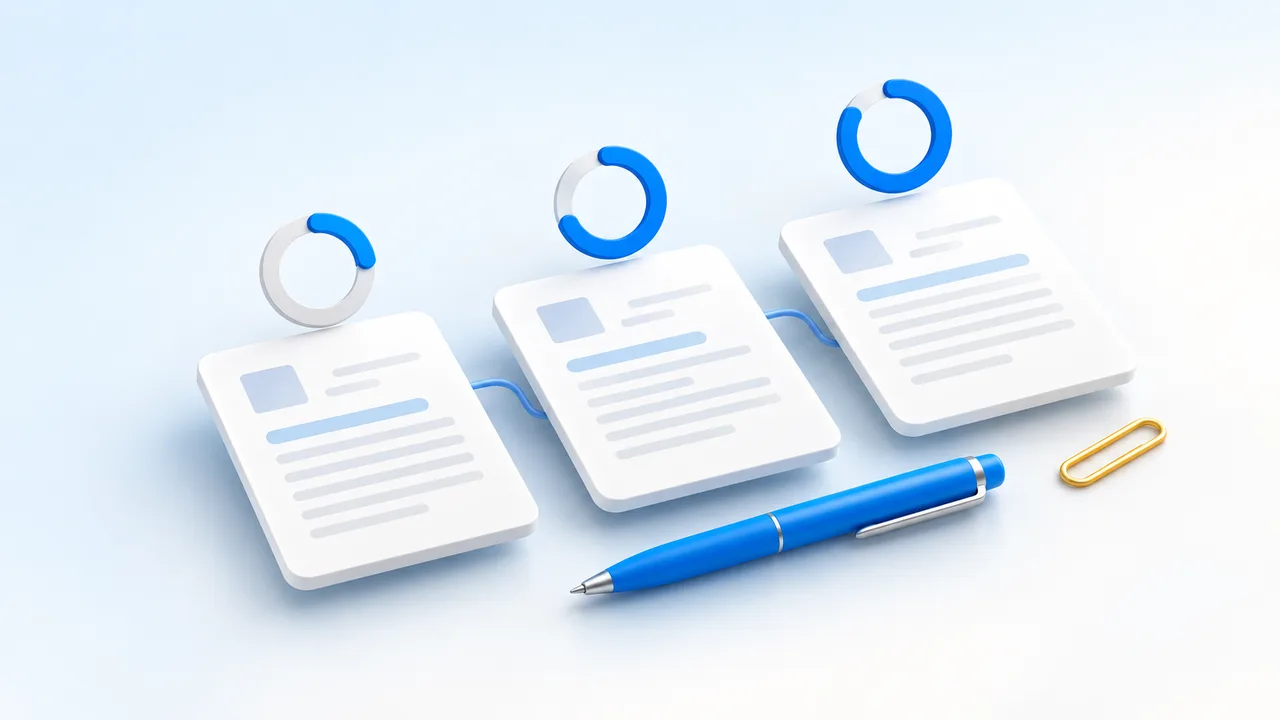 Document tiles, a blue pen and progress rings illustrating preparation for registration.