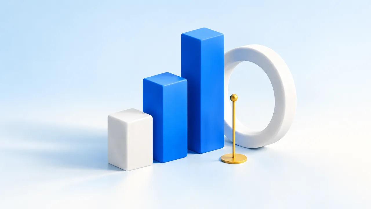 Blue data columns and a white ring illustrating a collection of statistics.