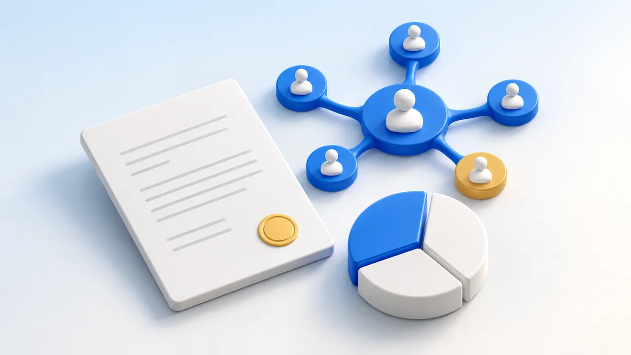 Connected ownership tokens, a document and a segmented circle illustrating employee equity.
