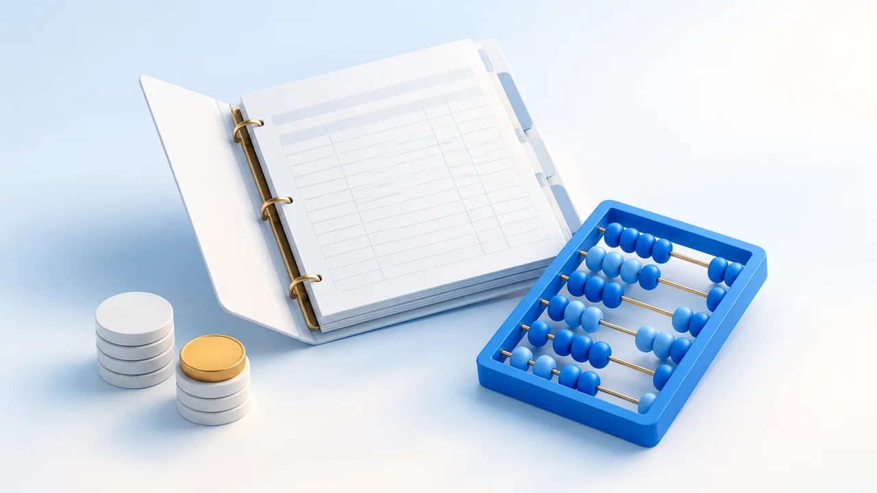 A ledger and counting objects illustrating tax records and obligations.