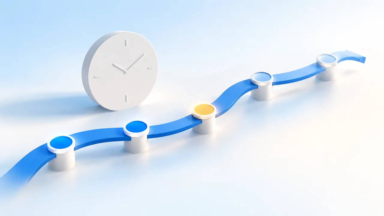 A blue path with open milestones and a clock, illustrating a legislative process still in progress.