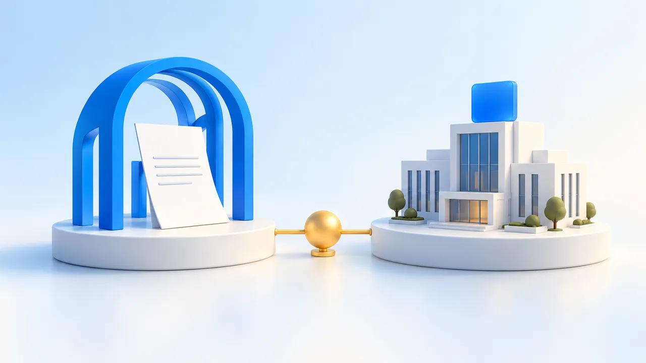 Two company structures on separate platforms illustrating a proposed framework and an existing national company.