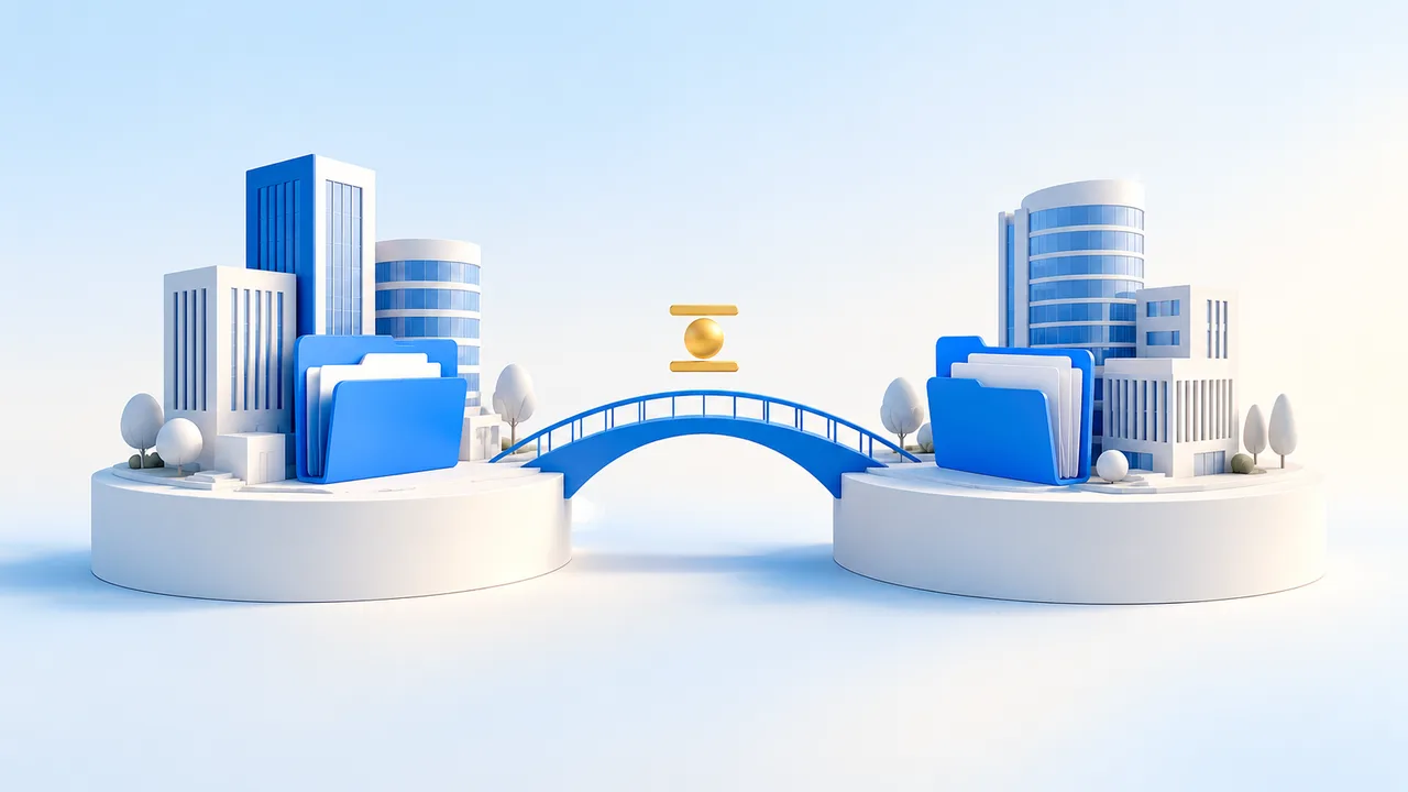 Two company folders and building forms connected by a bridge, illustrating a comparison of structures.