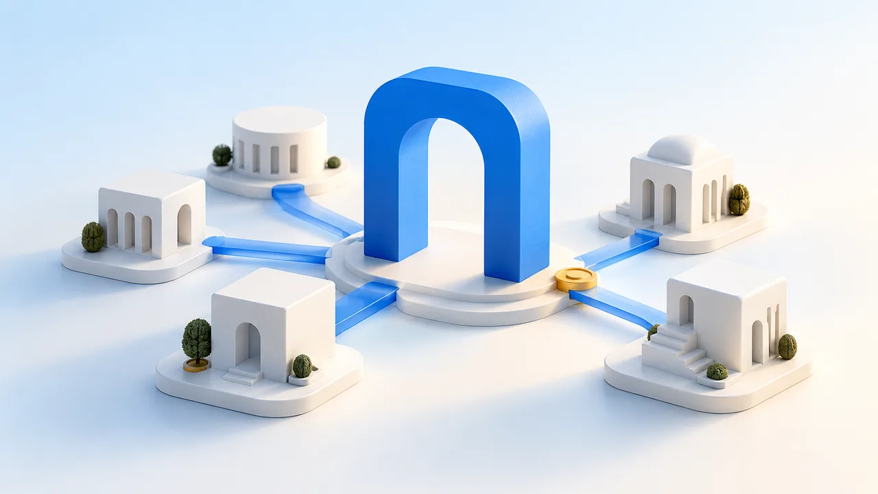 An open blue framework connecting several white buildings, illustrating a shared company-law framework.